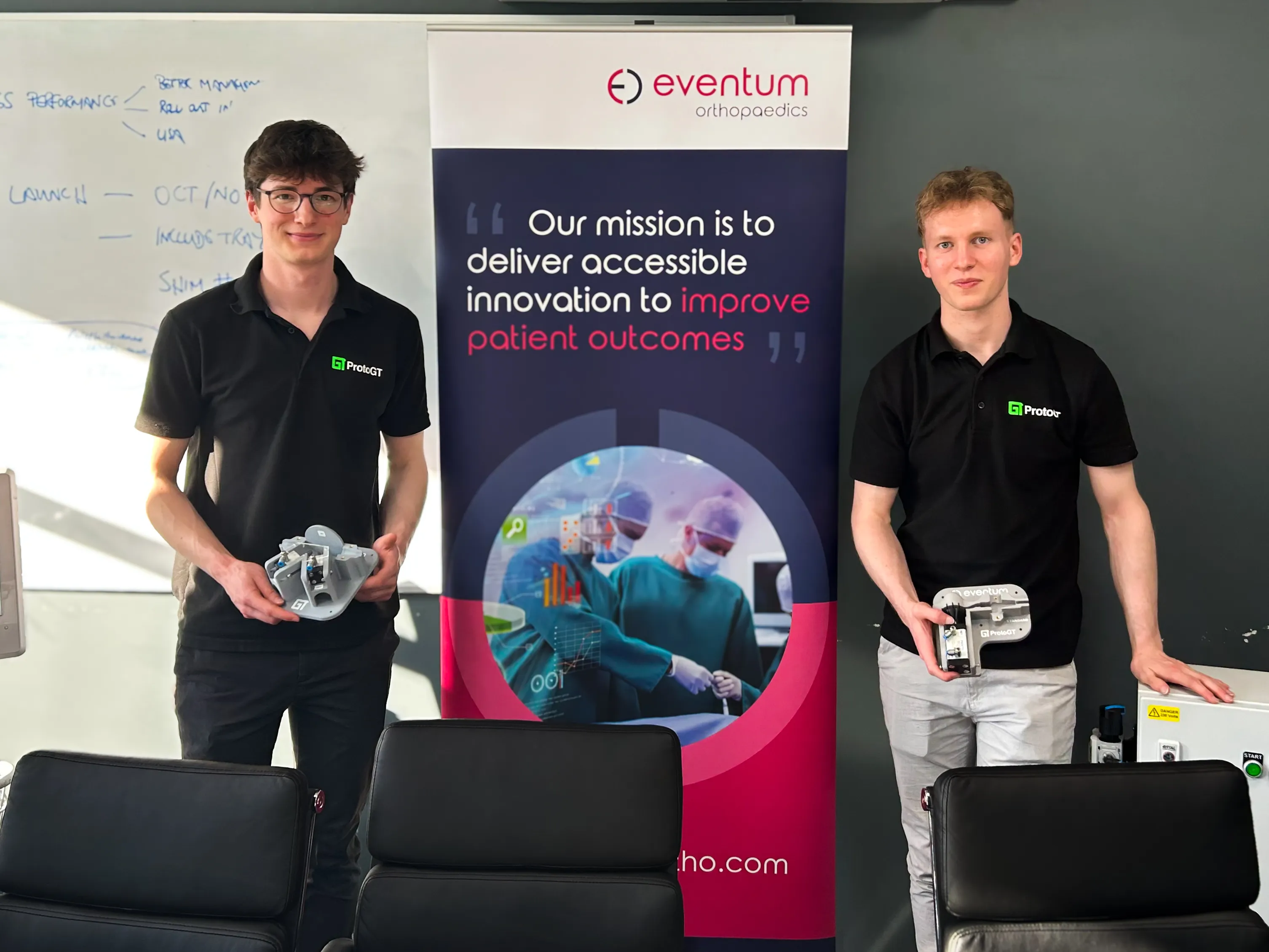 ProtoGT directors Ed George and Will Toms presenting the custom pneumatic EMC test rig